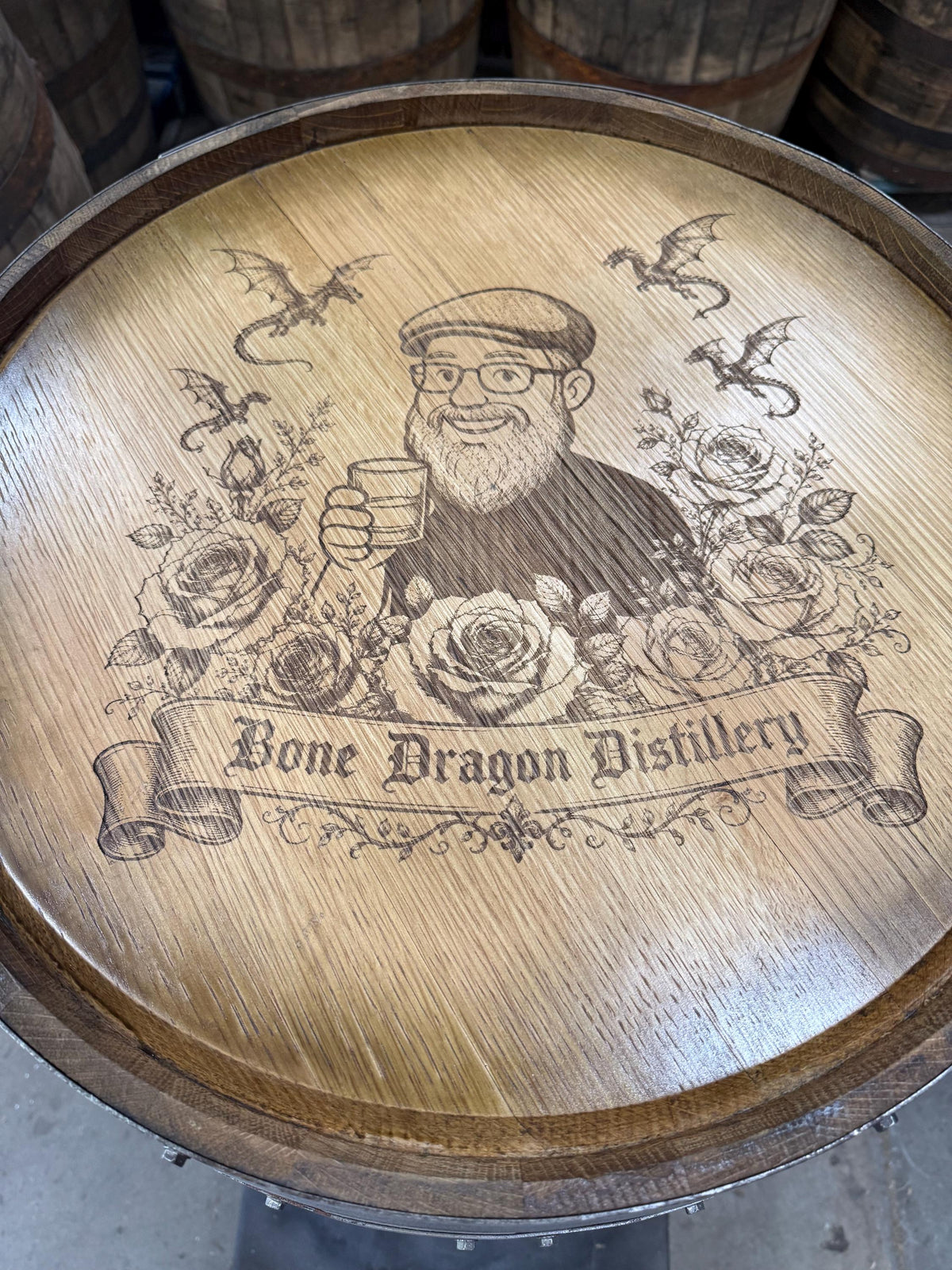 Motorized Pop Up Bourbon Barrel Cabinet.  Remote control & LED lighting.  Works with Alexa and Google Home. Custom engraving available., photo 10 of 20