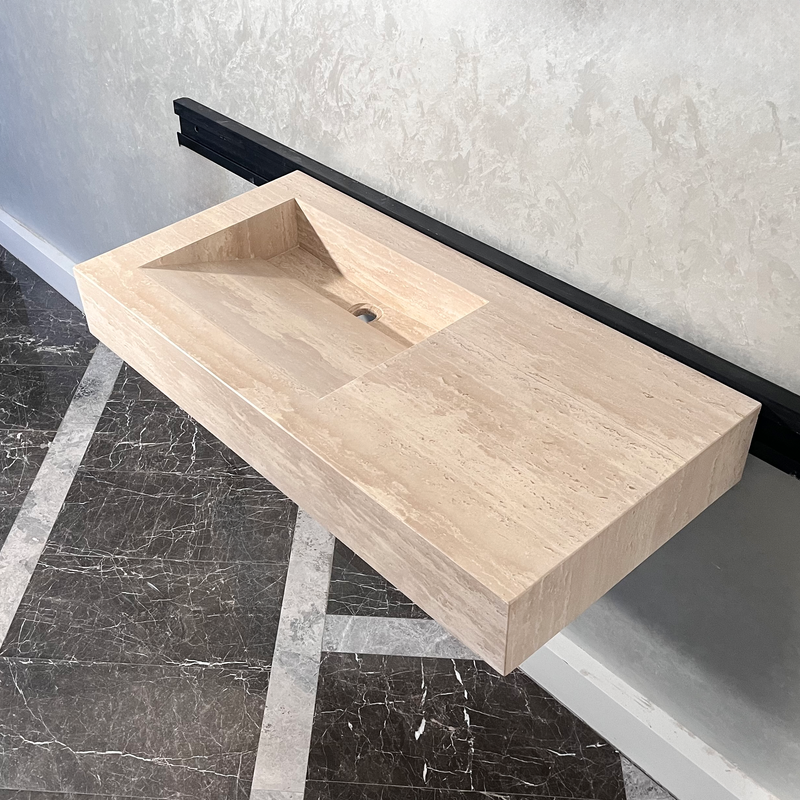 Beige Travertine Sink Handcrafted with Natural Vein Cut Design, photo 2 of 9