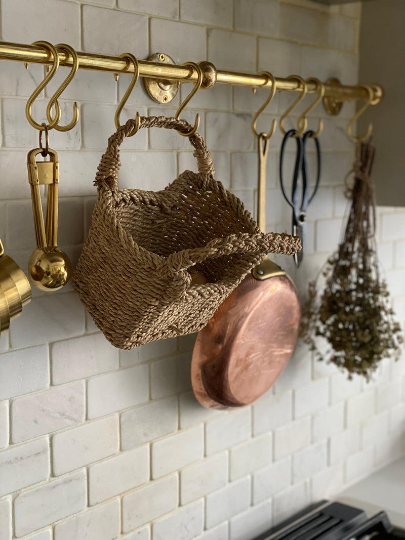 Unlacquered Brass Wall Mounted Pot Rack With Hooks