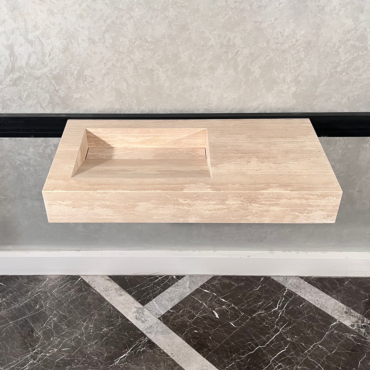 Beige Travertine Sink Handcrafted with Natural Vein Cut Design