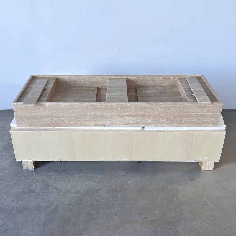 Handcrafted Natural Beige Travertine Bathroom Sink Custom Artisan Vein Cut Stone, photo 2 of 11