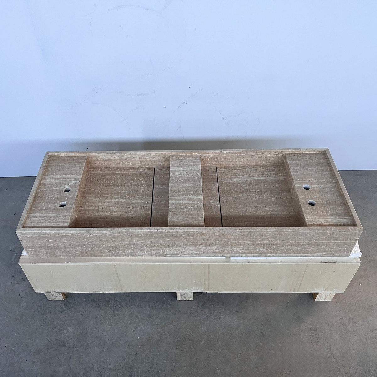 Handcrafted Natural Beige Travertine Bathroom Sink Custom Artisan Vein Cut Stone, photo 4 of 11
