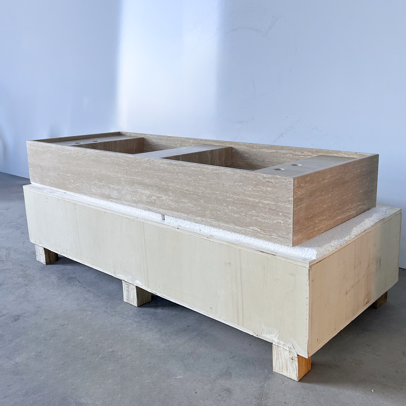 Handcrafted Natural Beige Travertine Bathroom Sink Custom Artisan Vein Cut Stone, photo 5 of 11