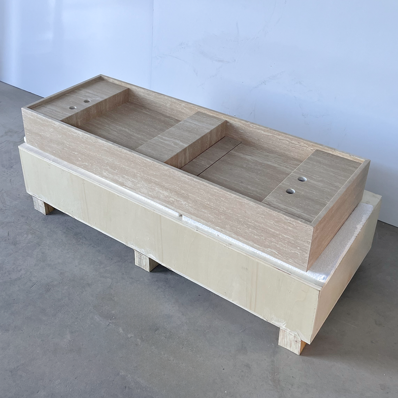 Handcrafted Natural Beige Travertine Bathroom Sink Custom Artisan Vein Cut Stone, photo 6 of 11