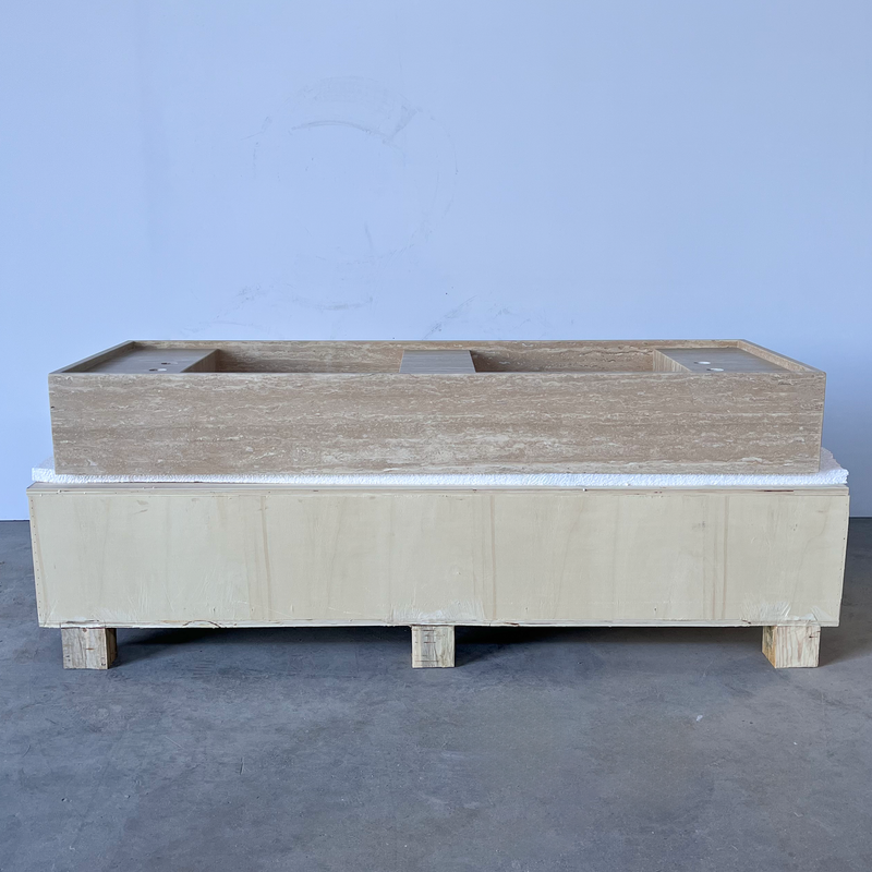 Handcrafted Natural Beige Travertine Bathroom Sink Custom Artisan Vein Cut Stone, photo 7 of 11