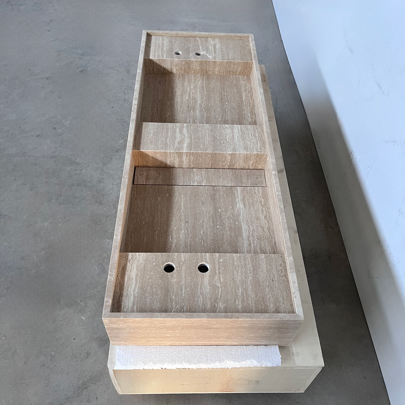 Handcrafted Natural Beige Travertine Bathroom Sink Custom Artisan Vein Cut Stone, photo 9 of 11