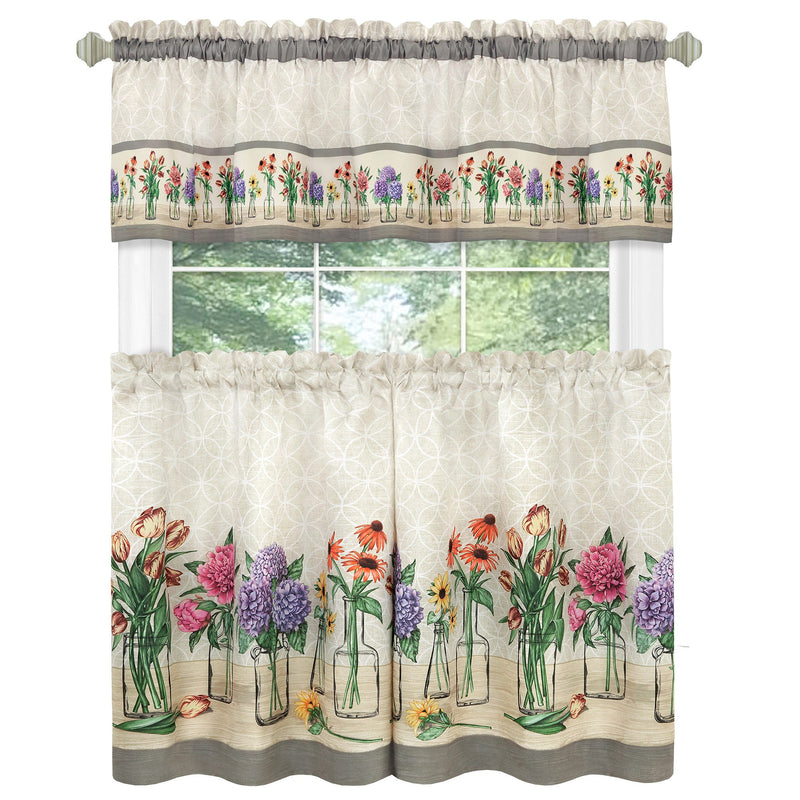 Achim Garden Bloom Printed Kitchen Curtain Set, Multi, Valance 58x13, Tiers 58x36 Inches