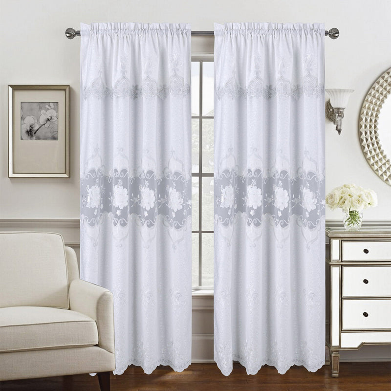 Caroline Floral Macramé Rod Pocket Window Panel With Attached Valance, 55x84 Inches