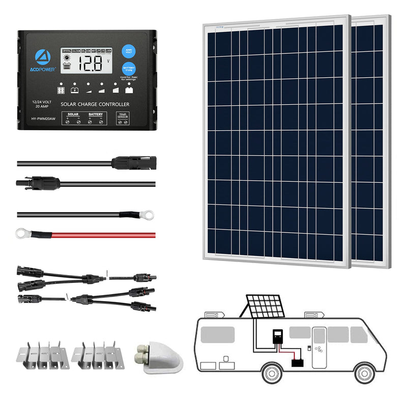 ACOPOWER 12V  Polycrystalline Solar RV Kits + MPPT / PWM Charge Controller