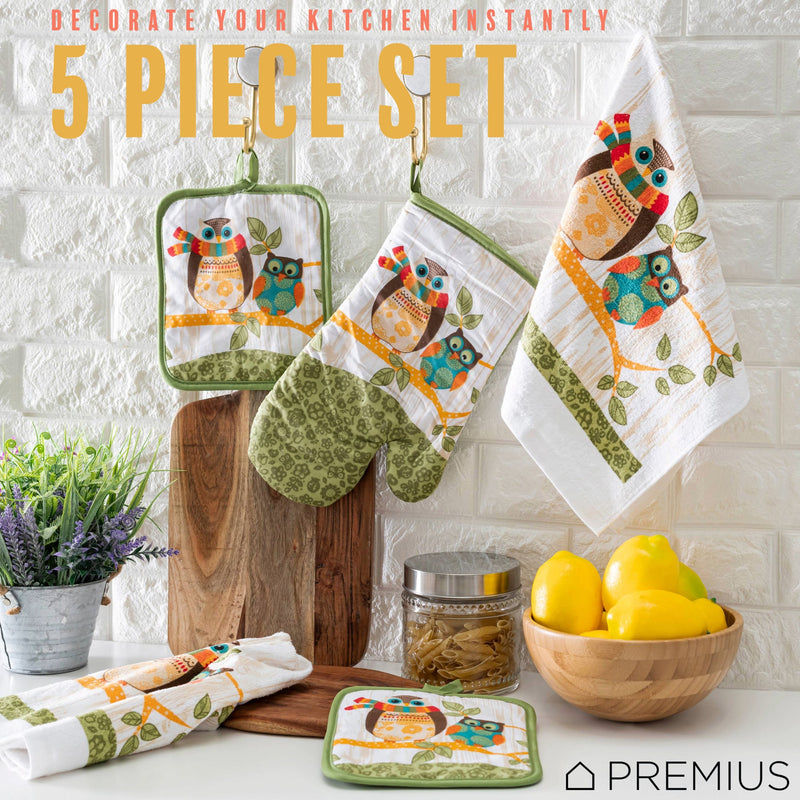 PREMIUS 5 Piece Printed Kitchen Linen Set, 2 Cotton Towels, 2 Pot Holders, 1 Oven Mitt