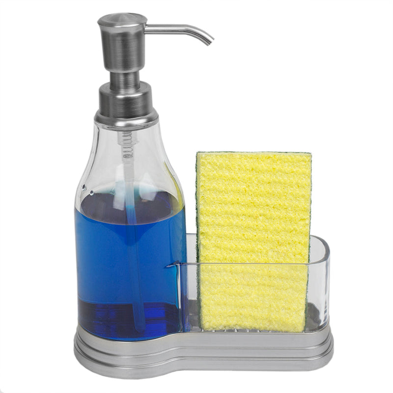 Home Basics Plastic Soap Dispenser with Brushed Steel Top and Sponge Holder, Satin Nickel