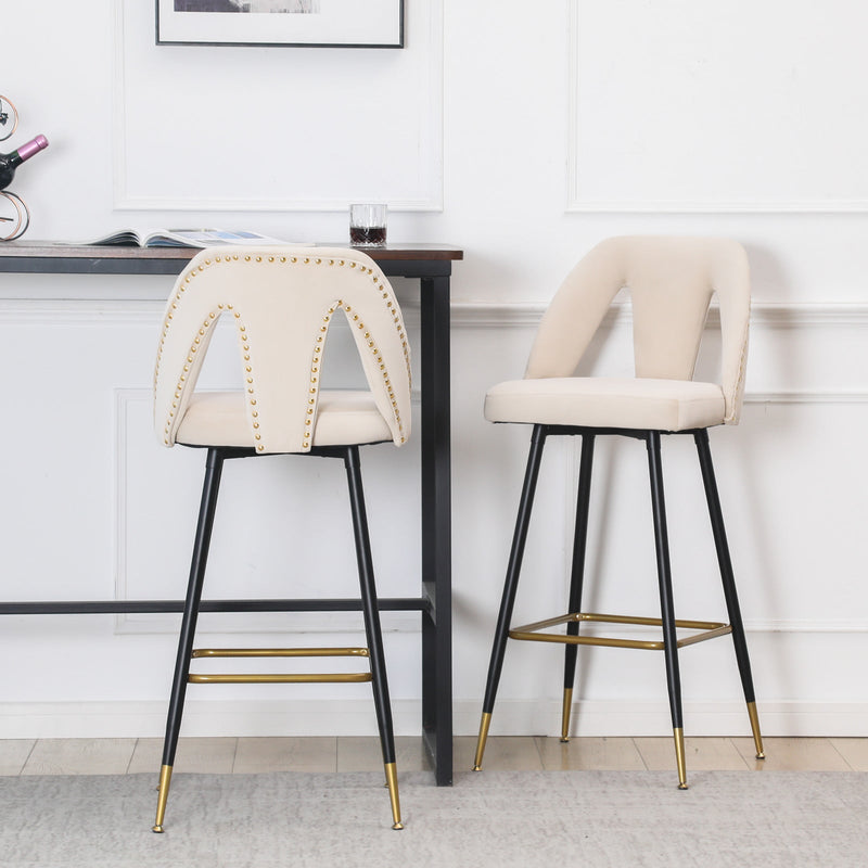 Akoya Collection Modern | Contemporary Velvet Upholstered Connor 28" Bar Stool & Counter Stools with Nailheads and Gold Tipped Black Metal Legs,Set of 2 (Beige)