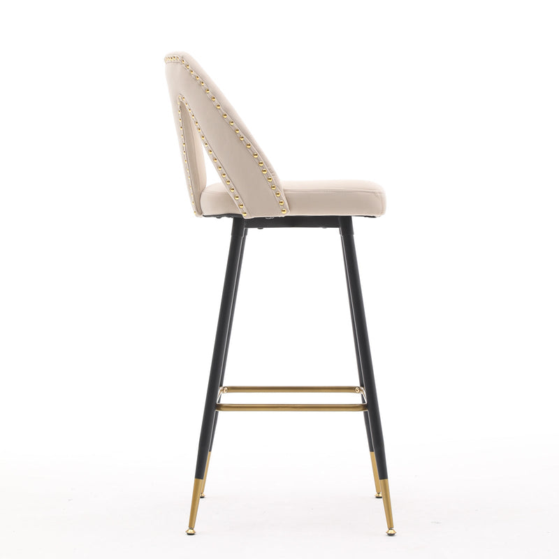 Akoya Collection Modern | Contemporary Velvet Upholstered Connor 28" Bar Stool & Counter Stools with Nailheads and Gold Tipped Black Metal Legs,Set of 2 (Beige)