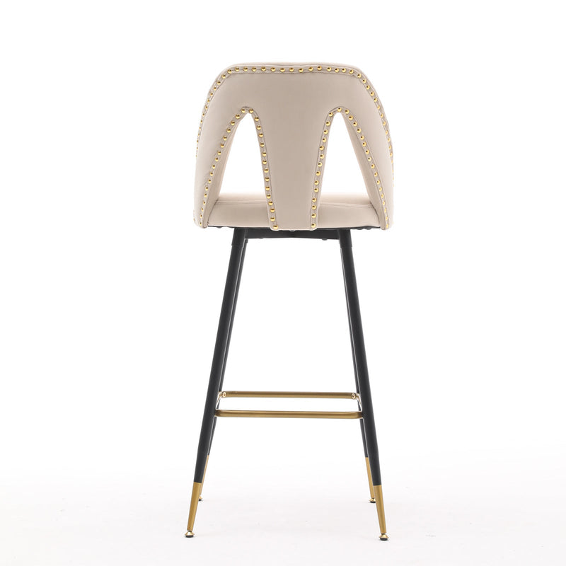 Akoya Collection Modern | Contemporary Velvet Upholstered Connor 28" Bar Stool & Counter Stools with Nailheads and Gold Tipped Black Metal Legs,Set of 2 (Beige)