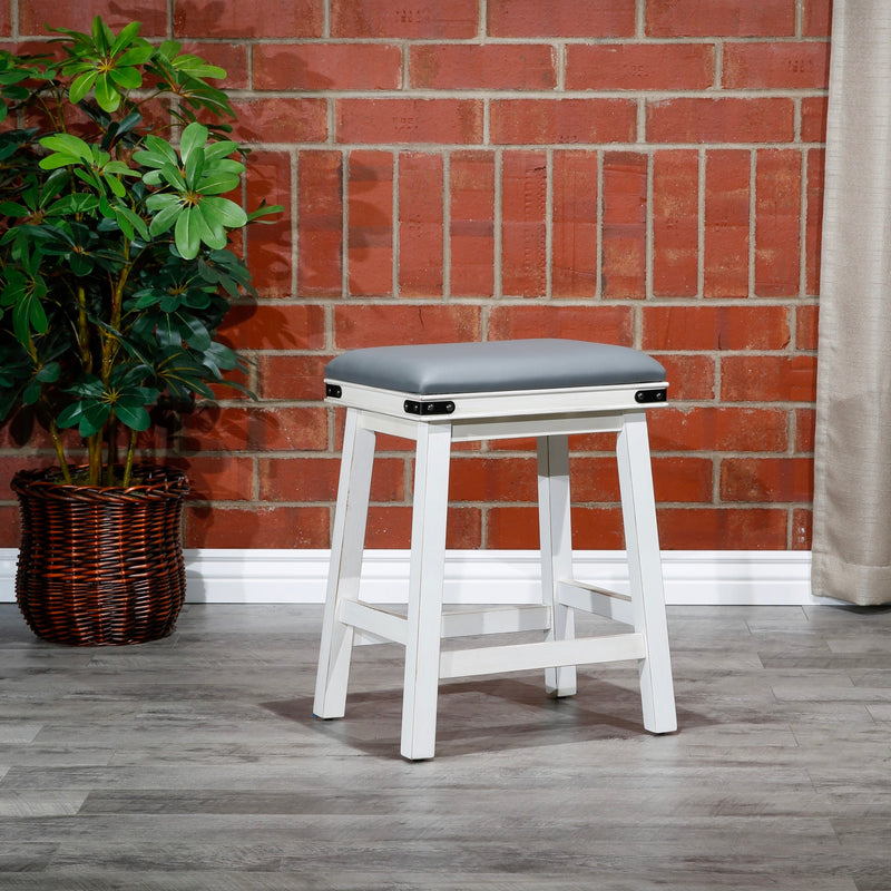 24" Counter Stool, Antique White, Gray Leather Seat