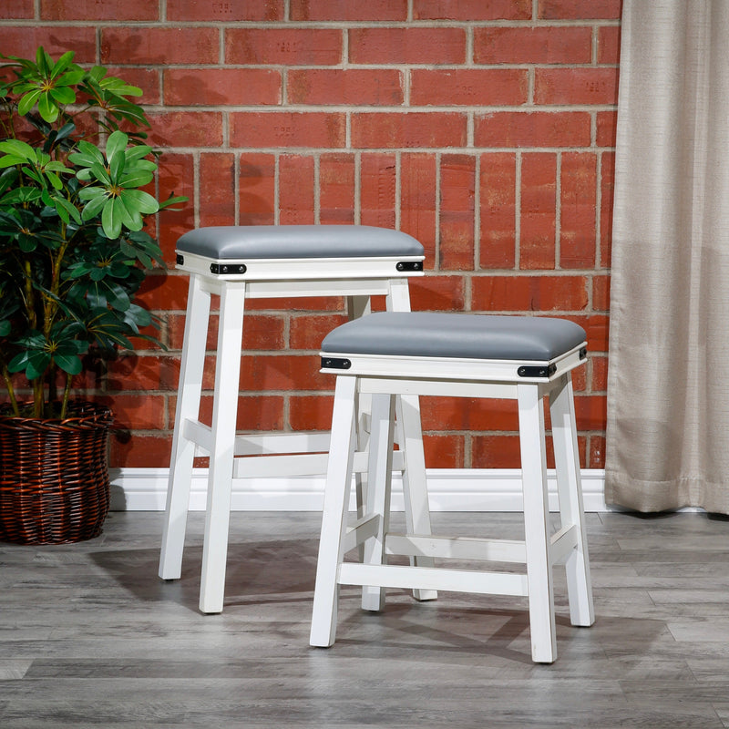 24" Counter Stool, Antique White, Gray Leather Seat