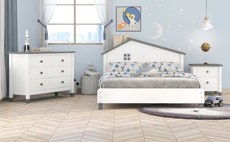 3-Pieces Bedroom Sets Full Size Platform Bed with Nightstand and Storage dresser, White+Gray