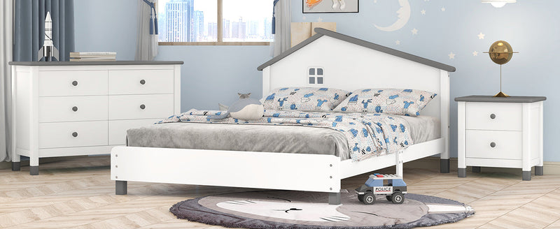 3-Pieces Bedroom Sets Full Size Platform Bed with Nightstand and Storage dresser, White+Gray