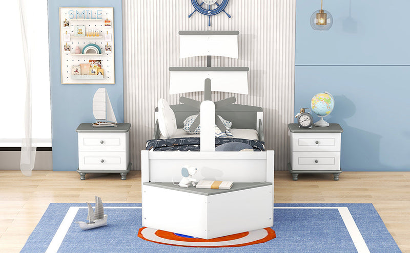 3-Pieces Bedroom Sets, Twin Size Boat-Shaped Platform Bed with Trundle and Two Nightstands, White+Gray