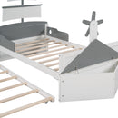3-Pieces Bedroom Sets, Twin Size Boat-Shaped Platform Bed with Trundle and Two Nightstands, White+Gray