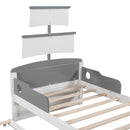 3-Pieces Bedroom Sets, Twin Size Boat-Shaped Platform Bed with Trundle and Two Nightstands, White+Gray