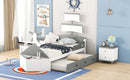 3-Pieces Bedroom Sets, Twin Size Boat-Shaped Platform Bed with Trundle and Two Nightstands, White+Gray