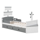 3-Pieces Bedroom Sets, Twin Size Boat-Shaped Platform Bed with Trundle and Two Nightstands, White+Gray