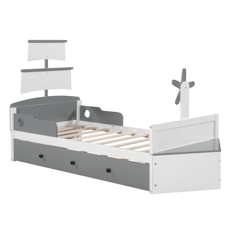 3-Pieces Bedroom Sets, Twin Size Boat-Shaped Platform Bed with Trundle and Two Nightstands, White+Gray