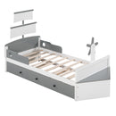 3-Pieces Bedroom Sets, Twin Size Boat-Shaped Platform Bed with Trundle and Two Nightstands, White+Gray