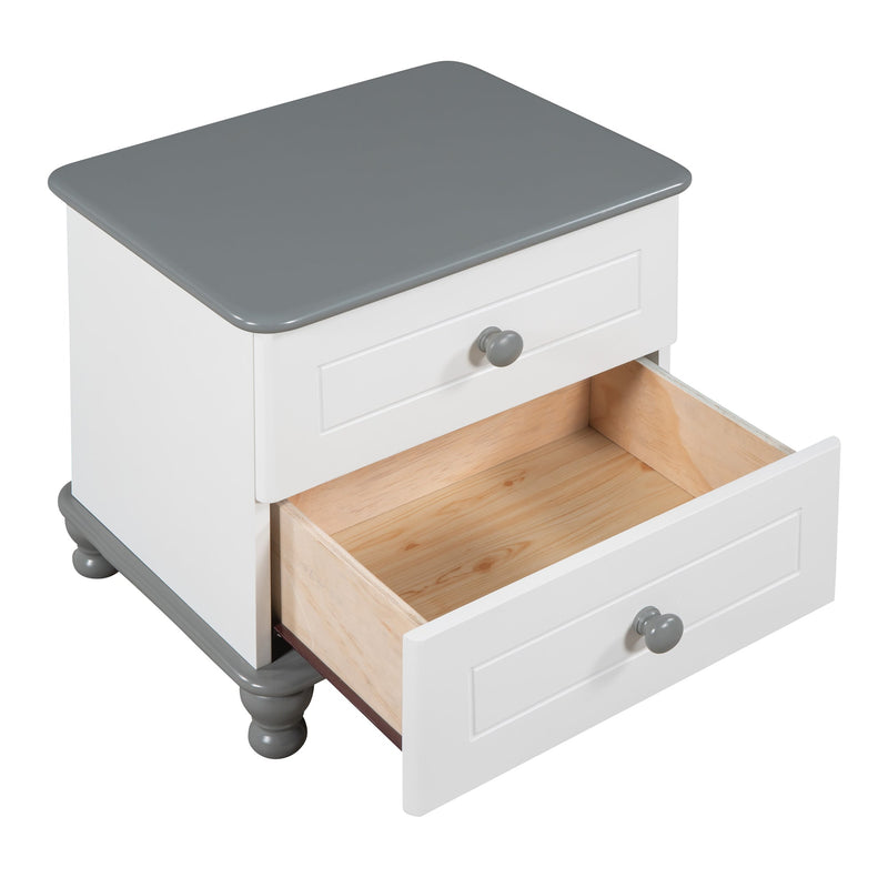 3-Pieces Bedroom Sets, Twin Size Boat-Shaped Platform Bed with Trundle and Two Nightstands, White+Gray