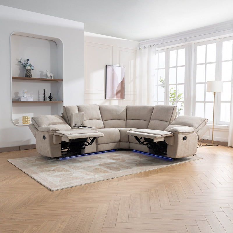 94.8" Modern Manual Reclining Living Room Furniture Set with USB Ports, Hidden Storage, LED Light Strip and 2 Cup Holders, Cream