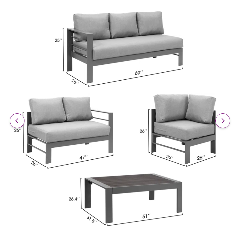 3-Pieces Outdoor All-Weather Conversation Set, Sectional Sofa, Corner Sofas, Grey Aluminum with Dark Grey Cushions