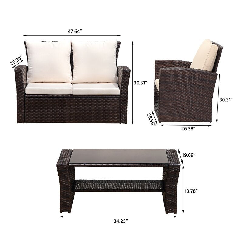 4-Pieces Outdoor Patio Furniture Set PE Rattan Wicker with Brown