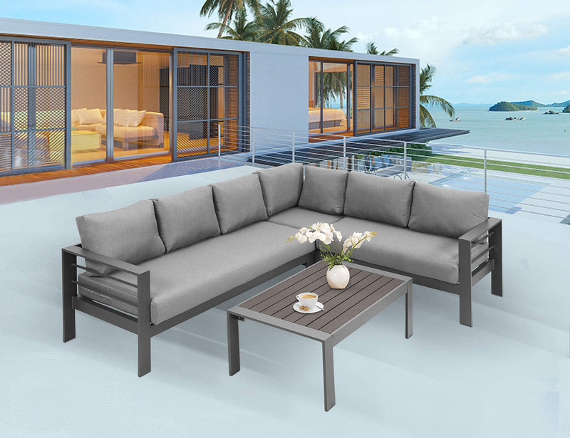 3-Pieces Outdoor All-Weather Conversation Set, Sectional Sofa, Corner Sofas, Grey Aluminum with Dark Grey Cushions