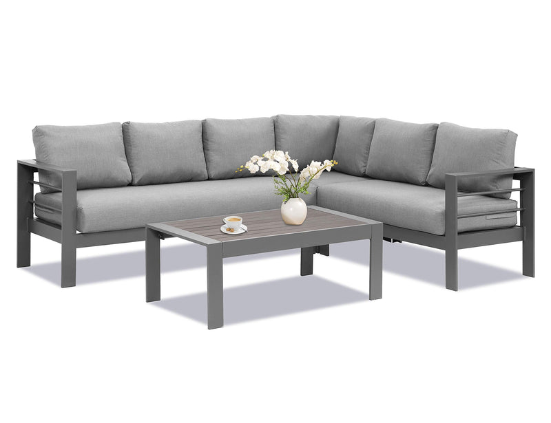 3-Pieces Outdoor All-Weather Conversation Set, Sectional Sofa, Corner Sofas, Grey Aluminum with Dark Grey Cushions