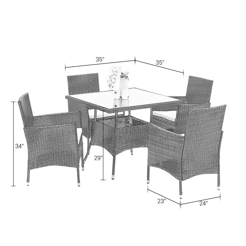 5-Pieces PE Rattan Wicker and Metal Patio Dining Set with Beige Cushions