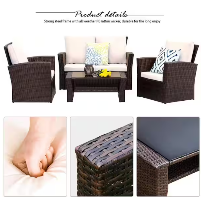 4-Pieces Outdoor Patio Furniture Set PE Rattan Wicker with Brown