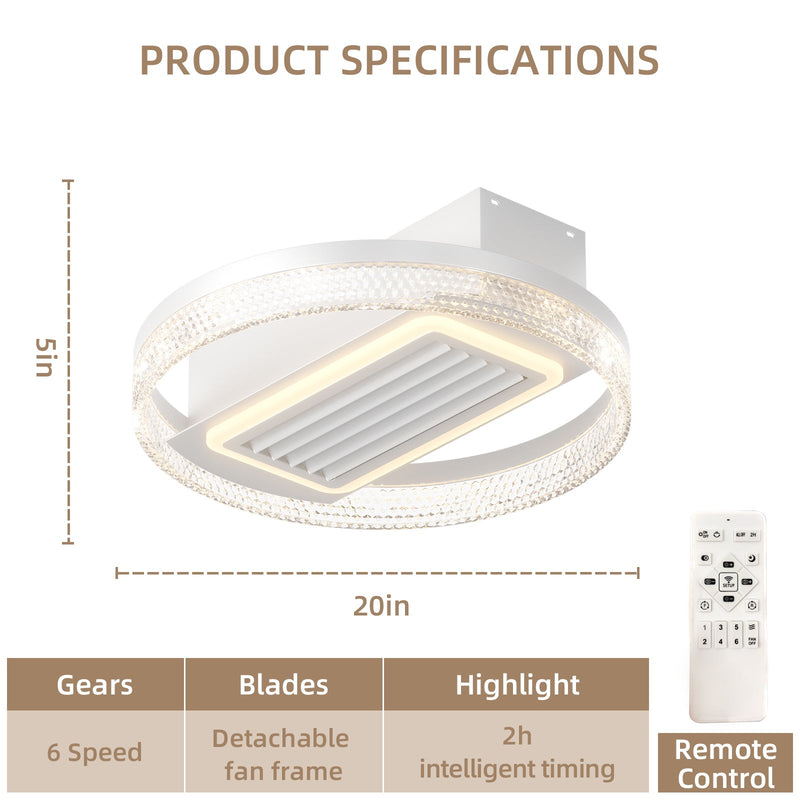 20inch Modern Leafless Ceiling Fan with Remote Control Removable and Washable, Reversible Motor