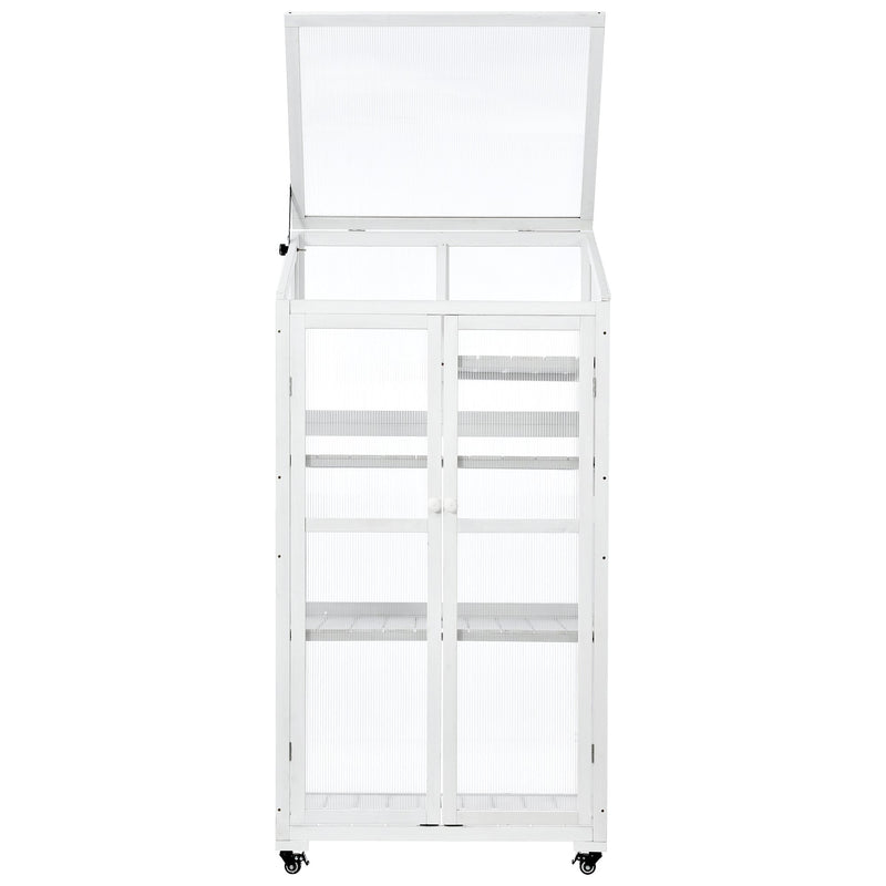 62inch Height Wood Large Greenhouse Balcony Portable Cold Frame with Wheels and Adjustable Shelves for Outdoor Indoor Use, White