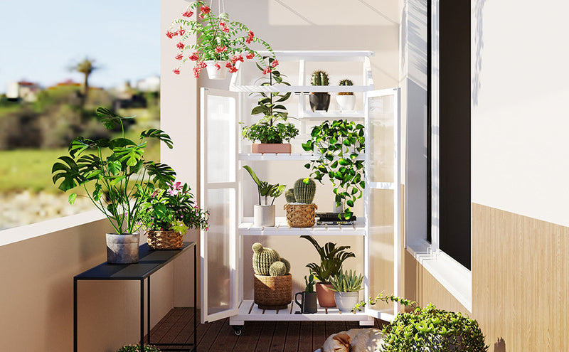 62inch Height Wood Large Greenhouse Balcony Portable Cold Frame with Wheels and Adjustable Shelves for Outdoor Indoor Use, White