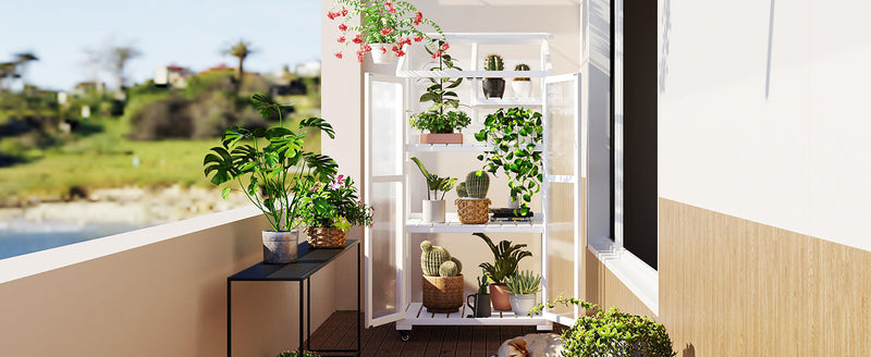 62inch Height Wood Large Greenhouse Balcony Portable Cold Frame with Wheels and Adjustable Shelves for Outdoor Indoor Use, White