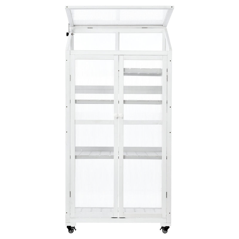 62inch Height Wood Large Greenhouse Balcony Portable Cold Frame with Wheels and Adjustable Shelves for Outdoor Indoor Use, White