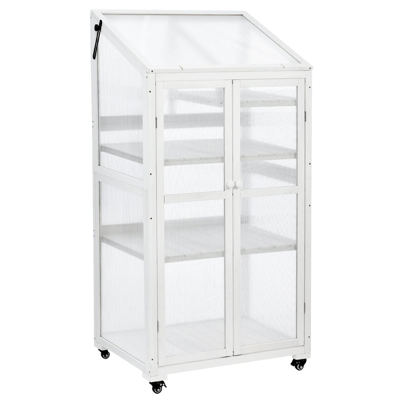 62inch Height Wood Large Greenhouse Balcony Portable Cold Frame with Wheels and Adjustable Shelves for Outdoor Indoor Use, White