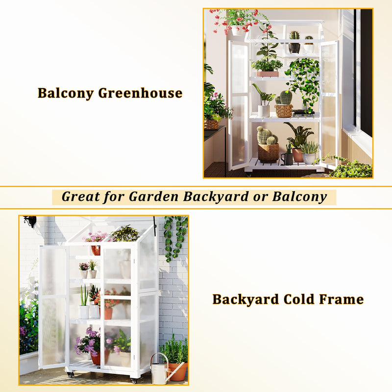 62inch Height Wood Large Greenhouse Balcony Portable Cold Frame with Wheels and Adjustable Shelves for Outdoor Indoor Use, White