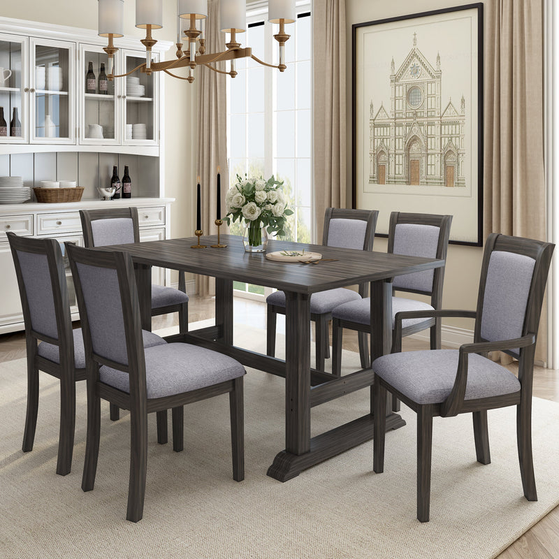 7-Piece Trestle Dining Table Set, Kitchen Table Set with Upholstered Side Chair and Arm Chair, Set of 6, Grey