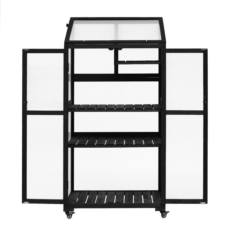62inch Height Wood Large Greenhouse Balcony Portable Cold Frame with Wheels and Adjustable Shelves for Outdoor Indoor Use, Black