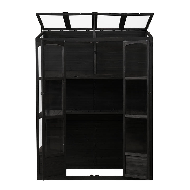 78-inch Wooden Greenhouse Cold Frame with 4 Independent Skylights and 2 Folding Middle Shelves, Walk-in Outdoor Greenhouse, Black
