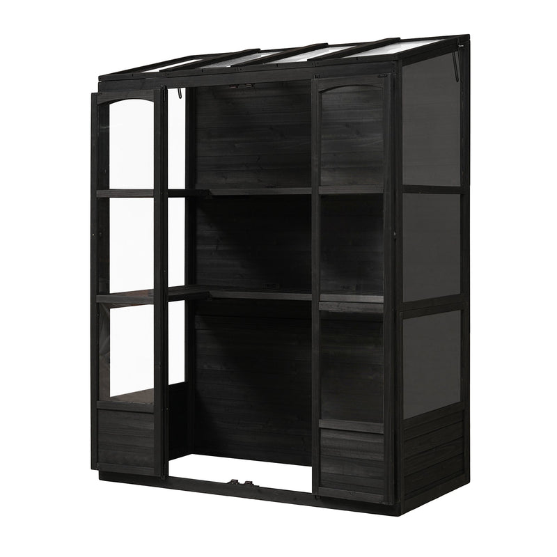78-inch Wooden Greenhouse Cold Frame with 4 Independent Skylights and 2 Folding Middle Shelves, Walk-in Outdoor Greenhouse, Black