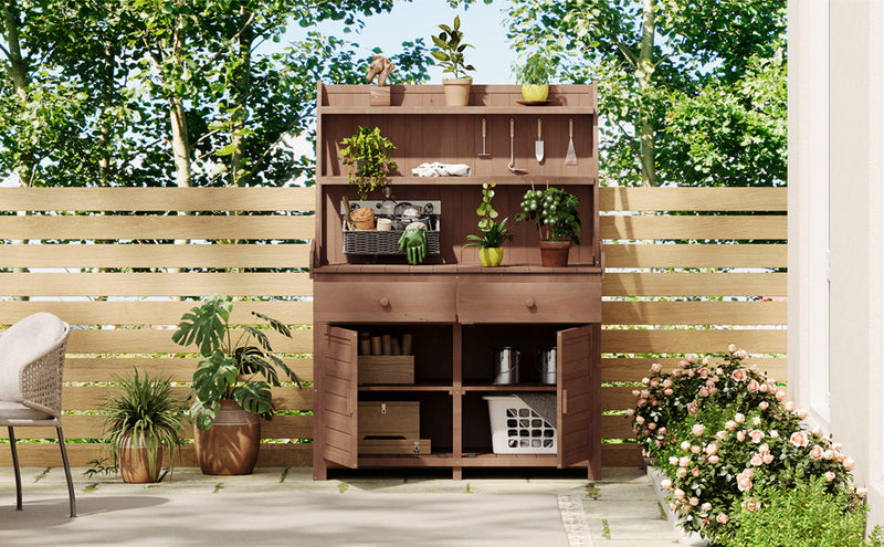 65inch Garden Potting Bench Table, Fir Wood Workstation with Storage Shelf, Drawer and Cabinet, Brown