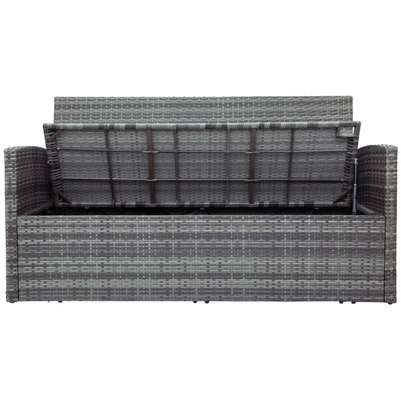 5-piece Outdoor UV-Resistant Patio Sofa Set with Storage Bench All Weather PE Wicker Furniture Coversation Set with Glass Table, Gray